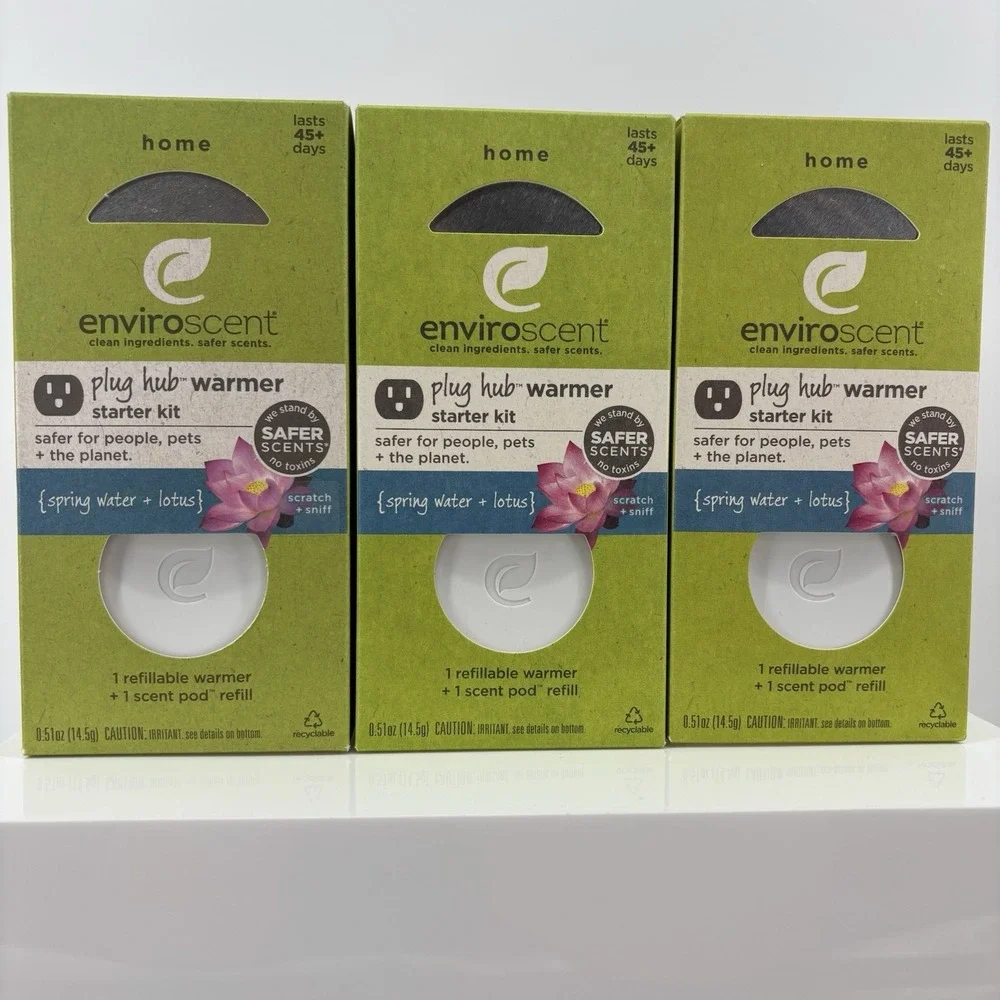 Enviroscent Plug Hub Warmer Kit Spring Water & Lotus + Scent Pod Refill Lot Of 3